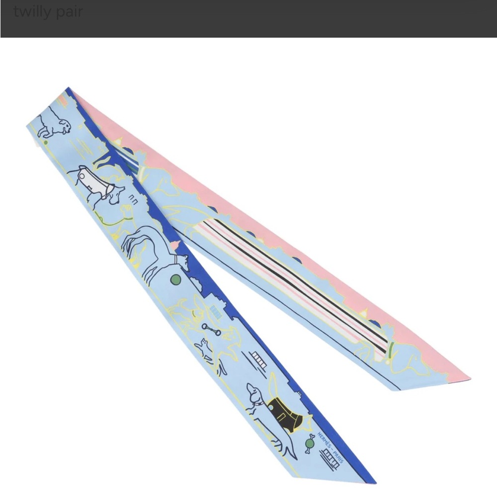 Hermes les chiens perisian silk Twilly Scarf - Light Blue and Pink - Picture 7 of 8
